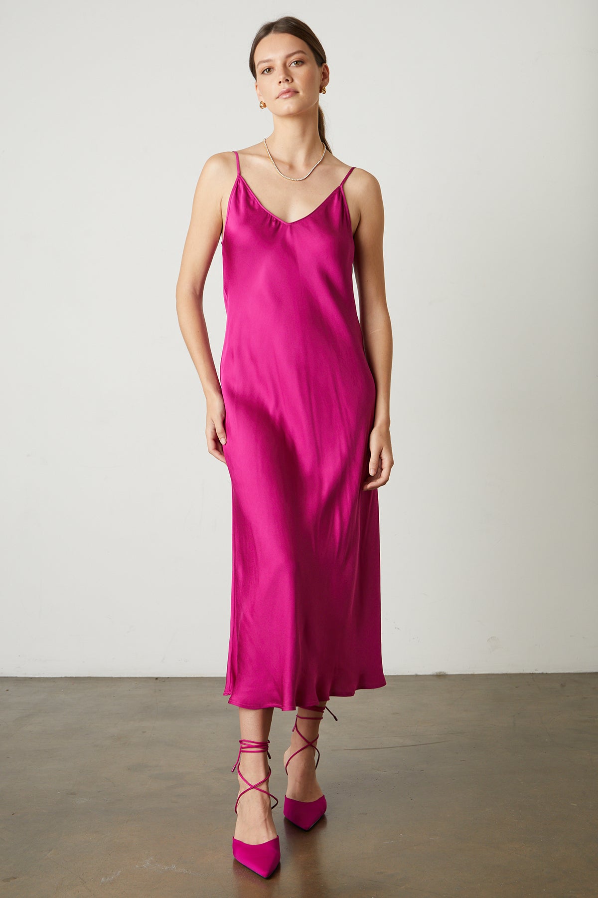 Poppy Satin Slip Dress in bright raspberry pink with matching heels front-25548639502529