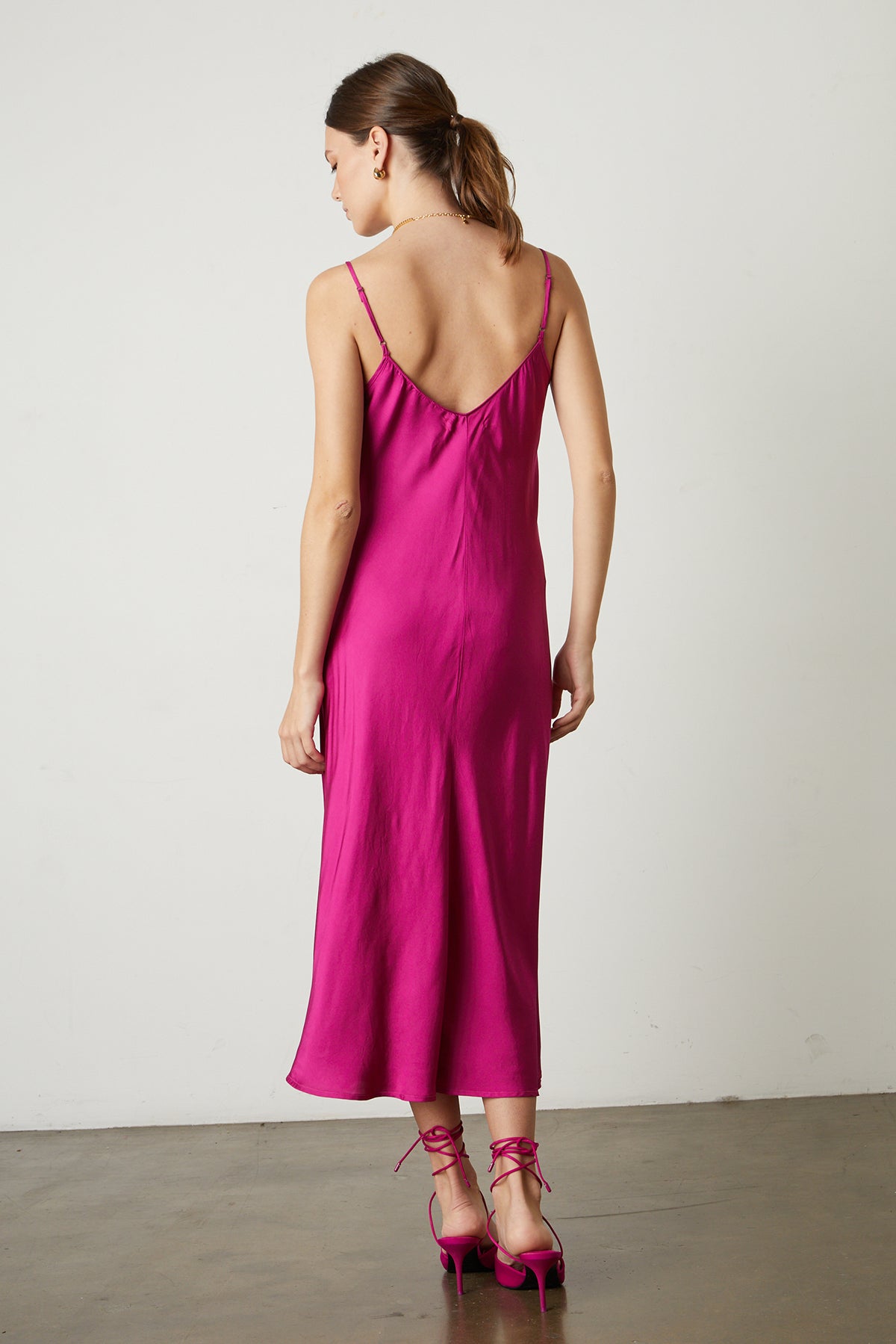 Poppy Satin Slip Dress in bright raspberry pink with matching heels back-25548639568065