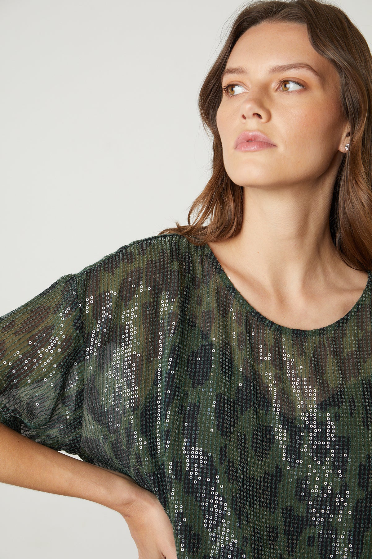   Alessa Printed Sequin Top in airbrush muted green and black mottled pattern front detail 