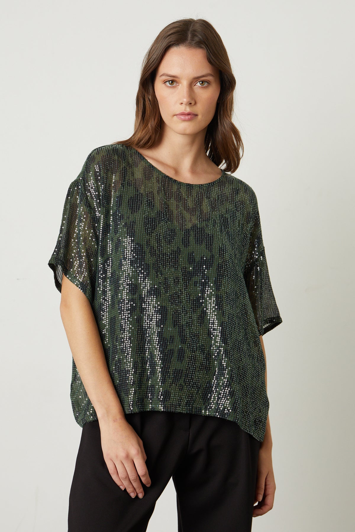 Alessa Printed Sequin Top in airbrush muted green and black mottled pattern front-25668282384577