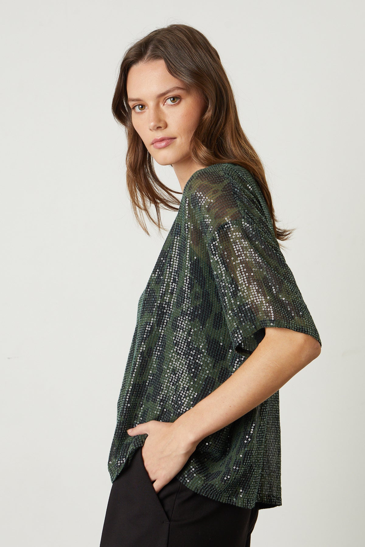   Alessa Printed Sequin Top in airbrush muted green and black mottled pattern side 