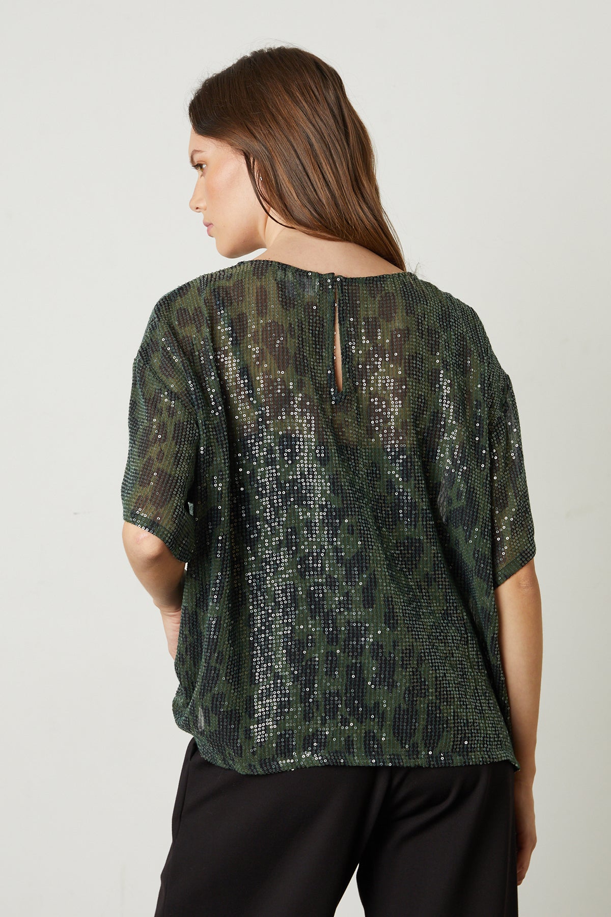   Alessa Printed Sequin Top in airbrush muted green and black mottled pattern back 