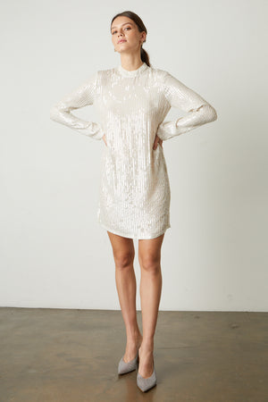 Veda Sequin Shift Dress in in cream full length front with heels
