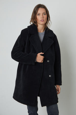 Christine Faux Sherpa Coat in Black front