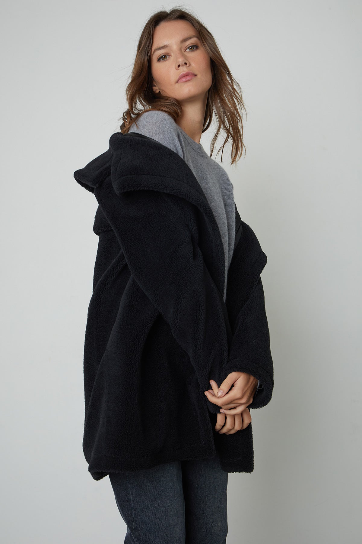   Christine Faux Sherpa Coat in Black Side with Brynne Sweater in Heather Grey 