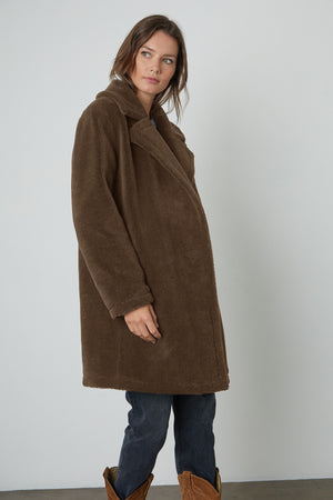 Christine Faux Sherpa Coat in Olive Side