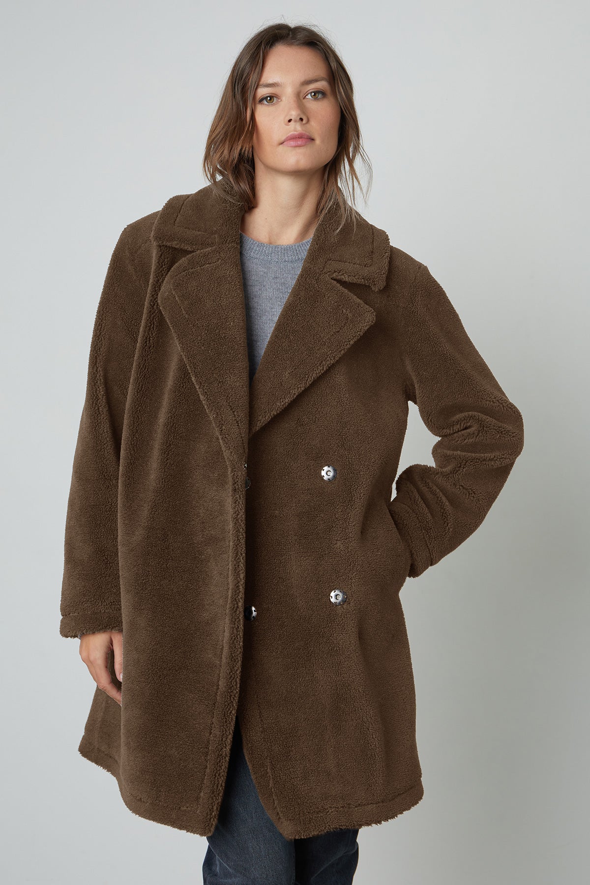 Christine Faux Sherpa Coat in Olive front-25062152274113