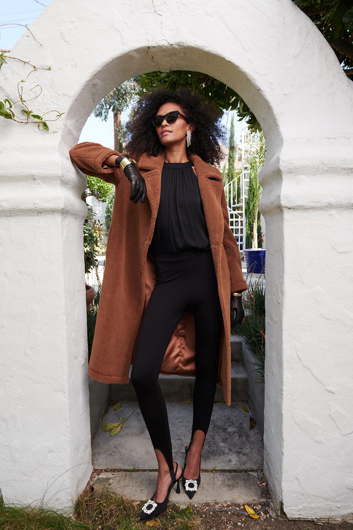 Crystal Satin Halter Top with Vixen Leggings, Reina Sherpa Coat and black heels, full length front -25548656836801