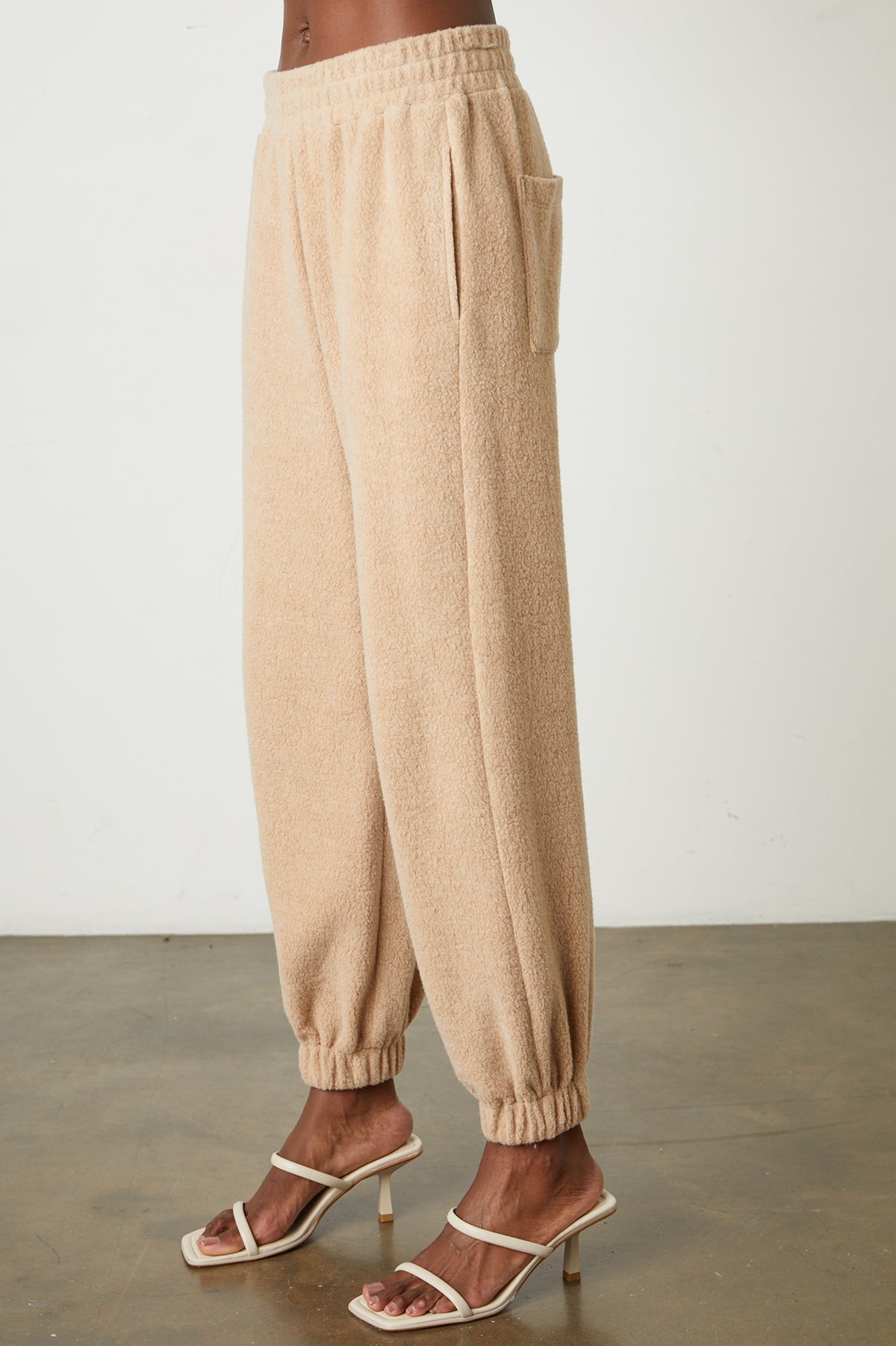 The model is wearing a pair of Velvet by Graham & Spencer BROOKIE FLEECE JOGGER pants.-25745176625345