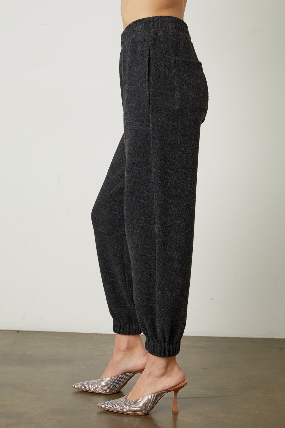 The model is wearing a pair of Velvet by Graham & Spencer BROOKIE FLEECE JOGGER pants.-26068049952961
