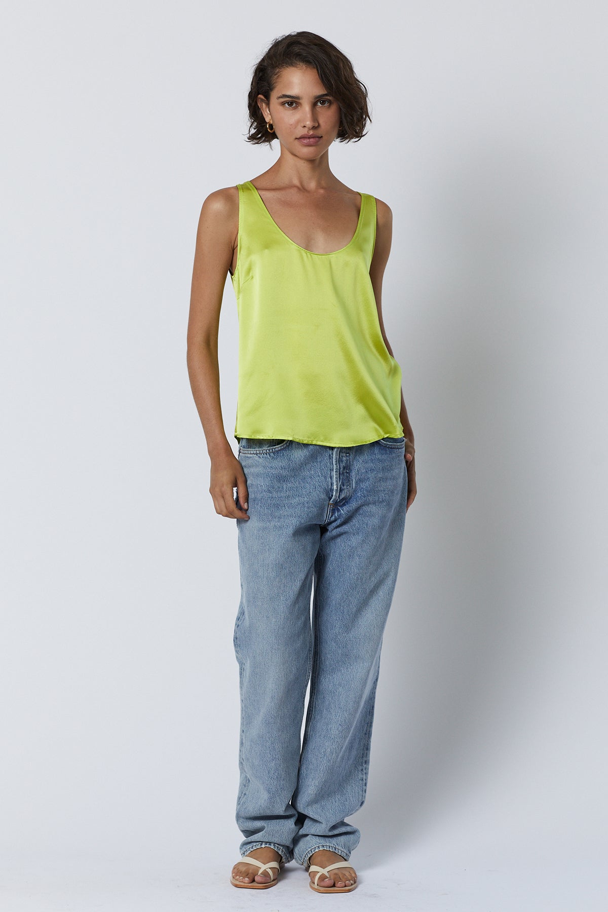 Nolita Tank Top in lime green with blue denim full length front-26007163633857