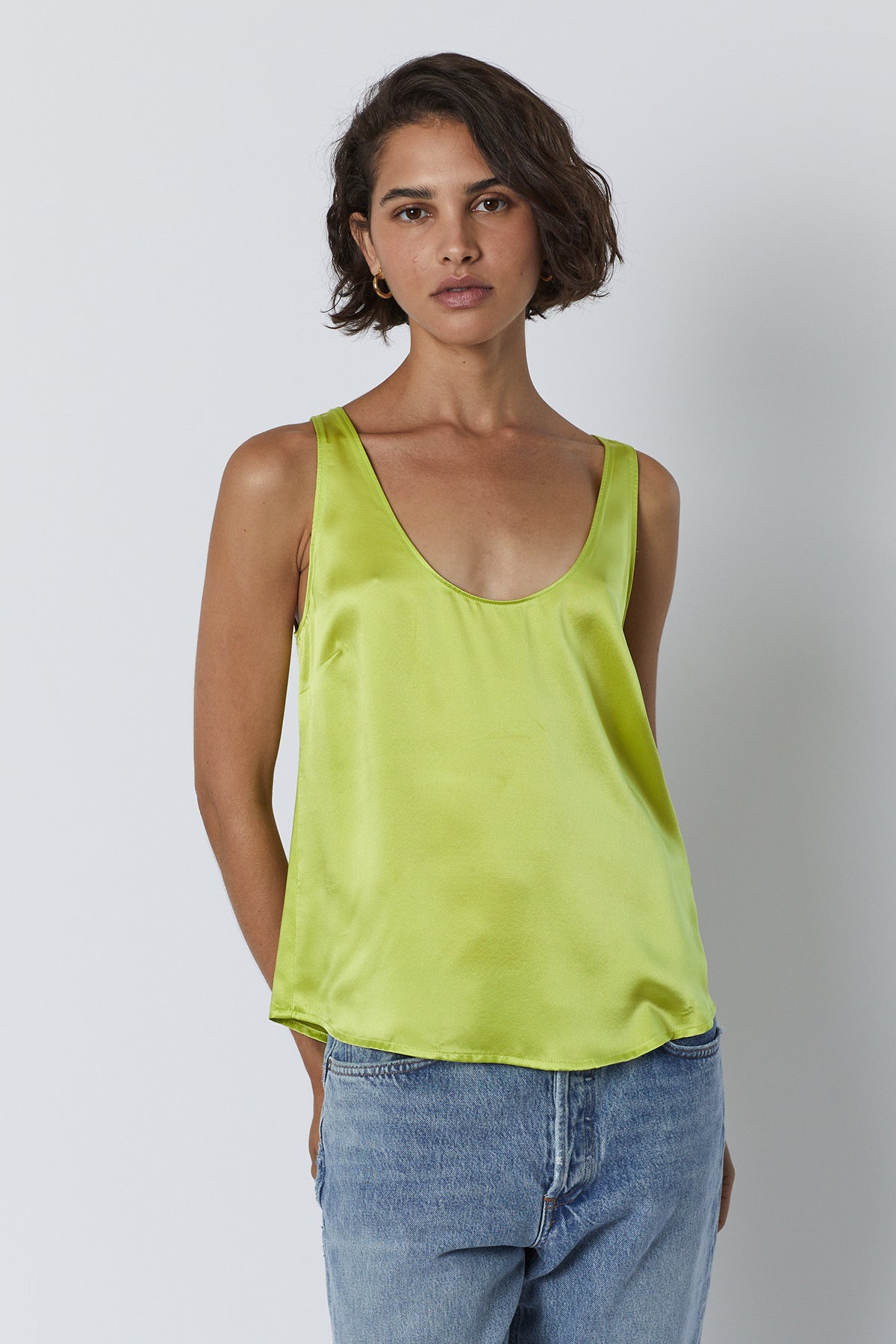 Nolita Tank Top in lime green with blue denim front-26007163502785