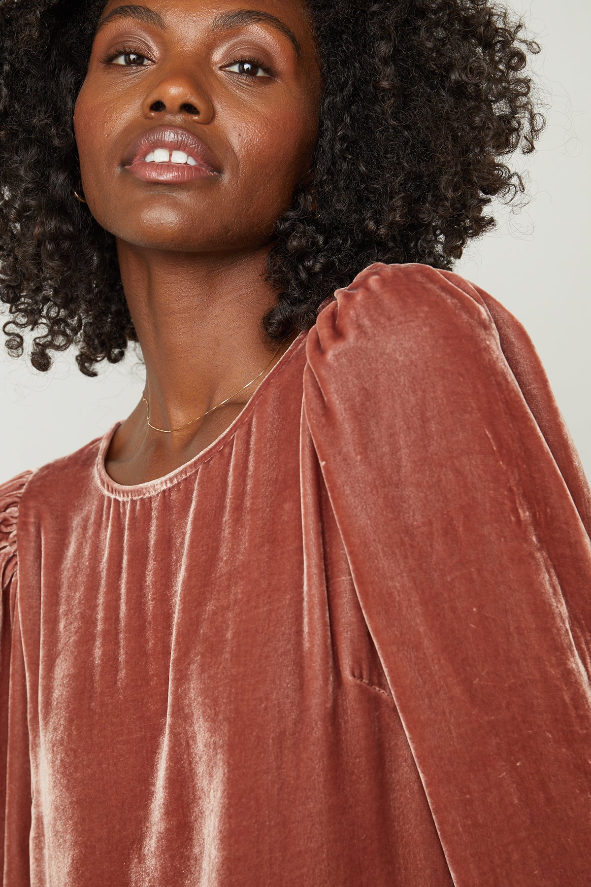   Aggie Silk Velvet Dress in rosegold front close up detail 