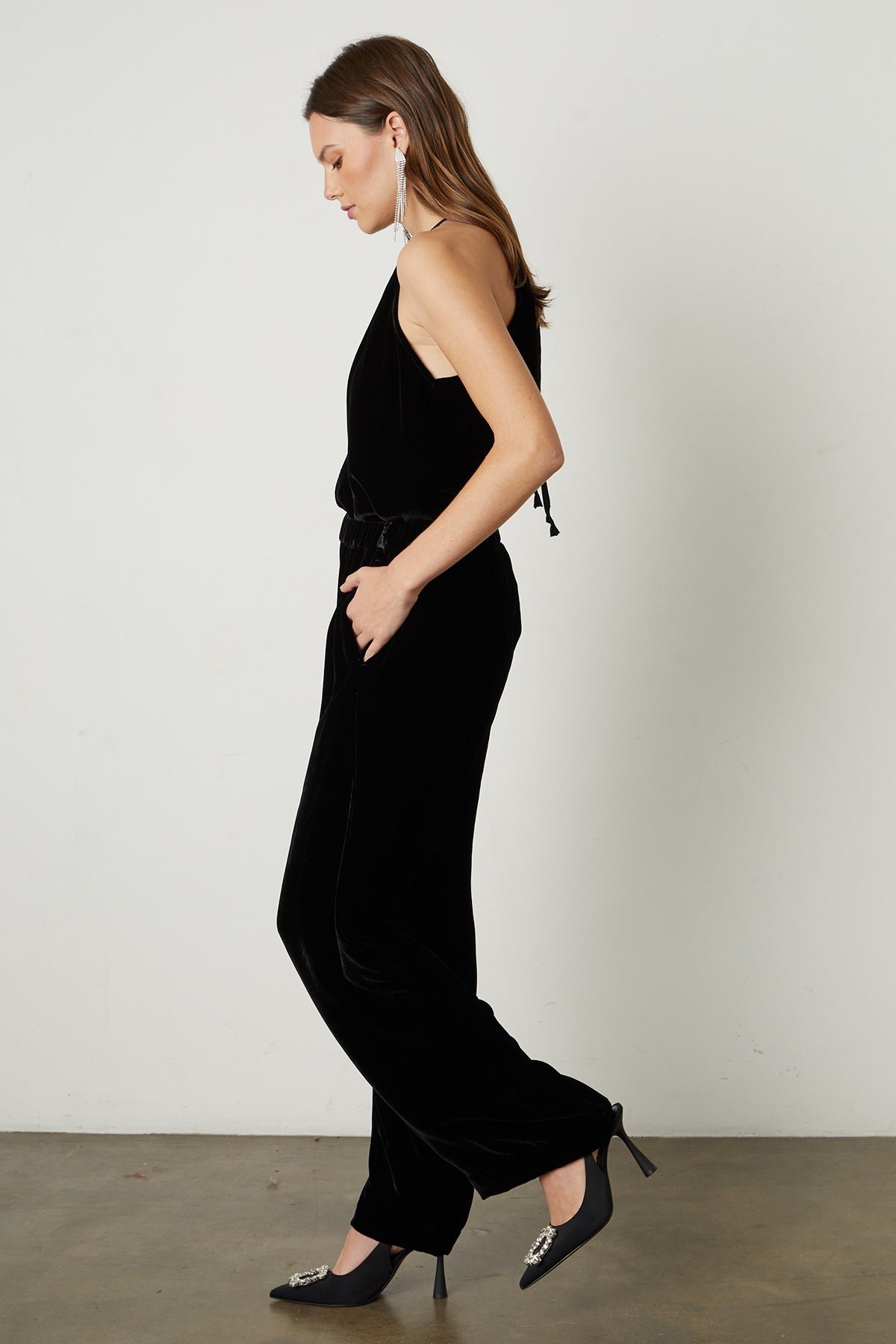 Aleaha Silk Velvet Halter Top in black with Frida pant full length side-25548536971457