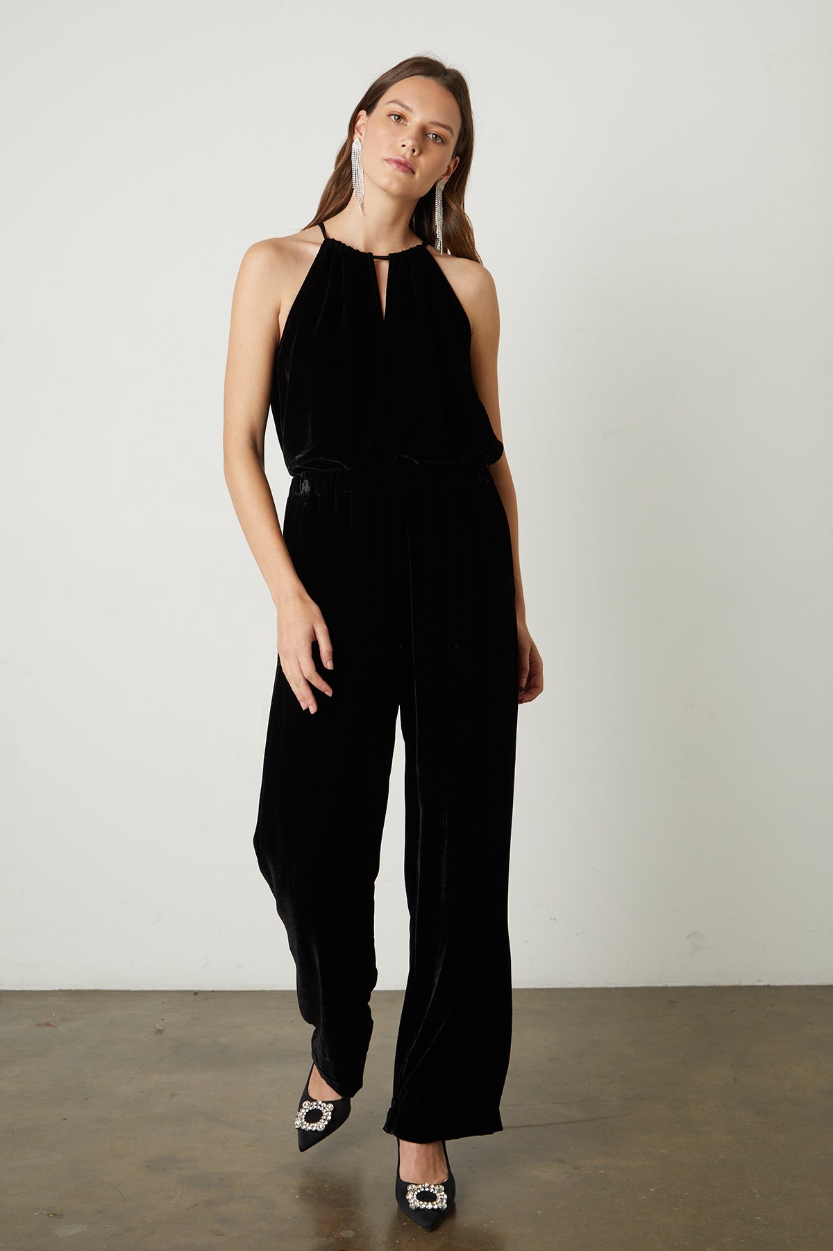 Aleaha Silk Velvet Halter Top in black with Frida pant full length front-25548536938689