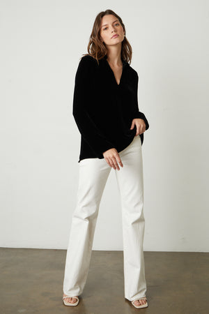 Jordy Silk Velvet Collar Top in black with white denim and sandals full length front