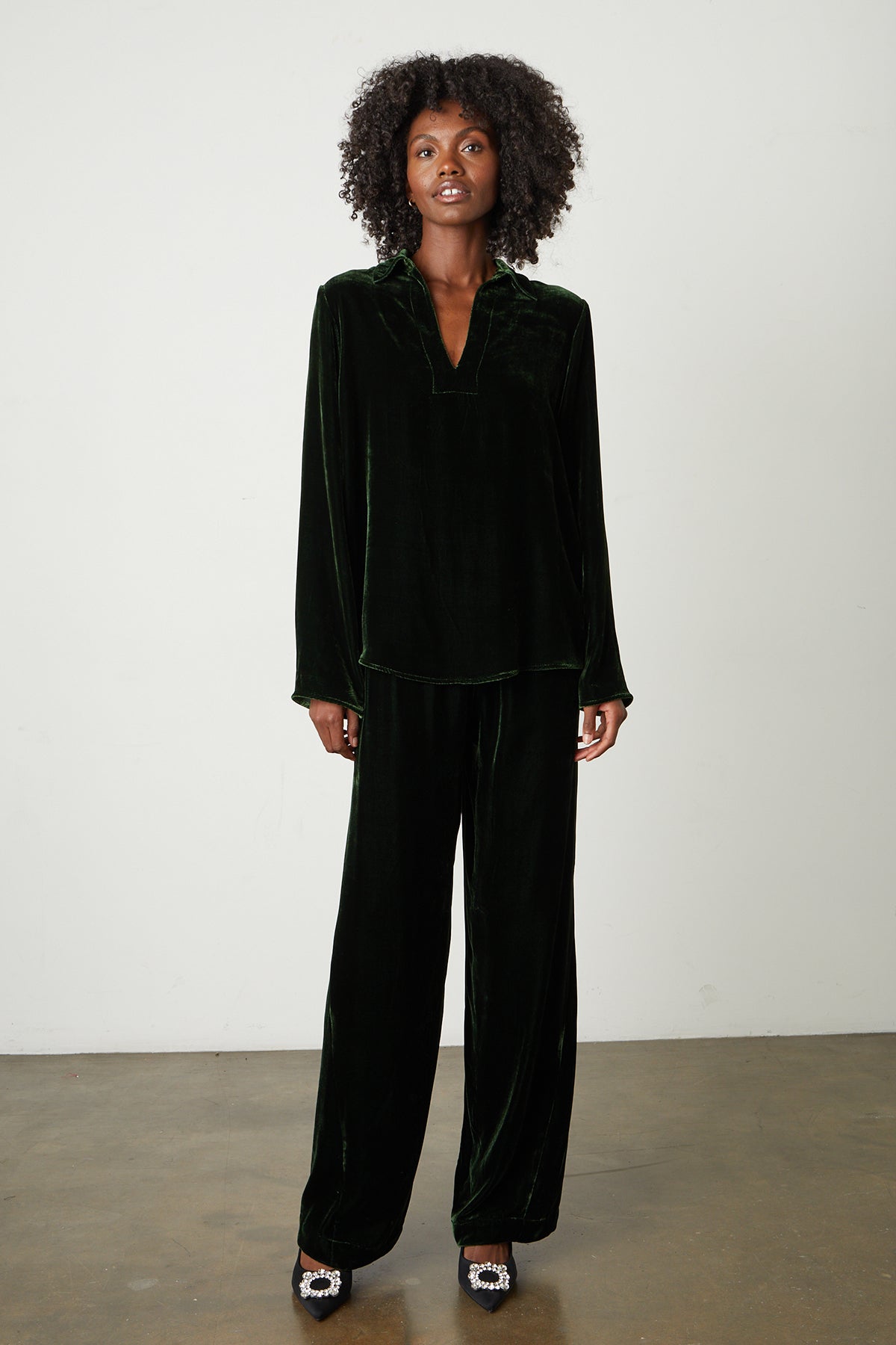 Jordy Silk Velvet Collar Top in fern green with Frida pants full length fron-25548658507969