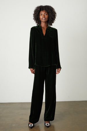 Jordy Silk Velvet Collar Top in fern green with Frida pants full length fron