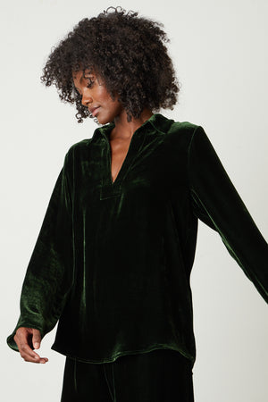 Jordy Silk Velvet Collar Top in fern green front 2