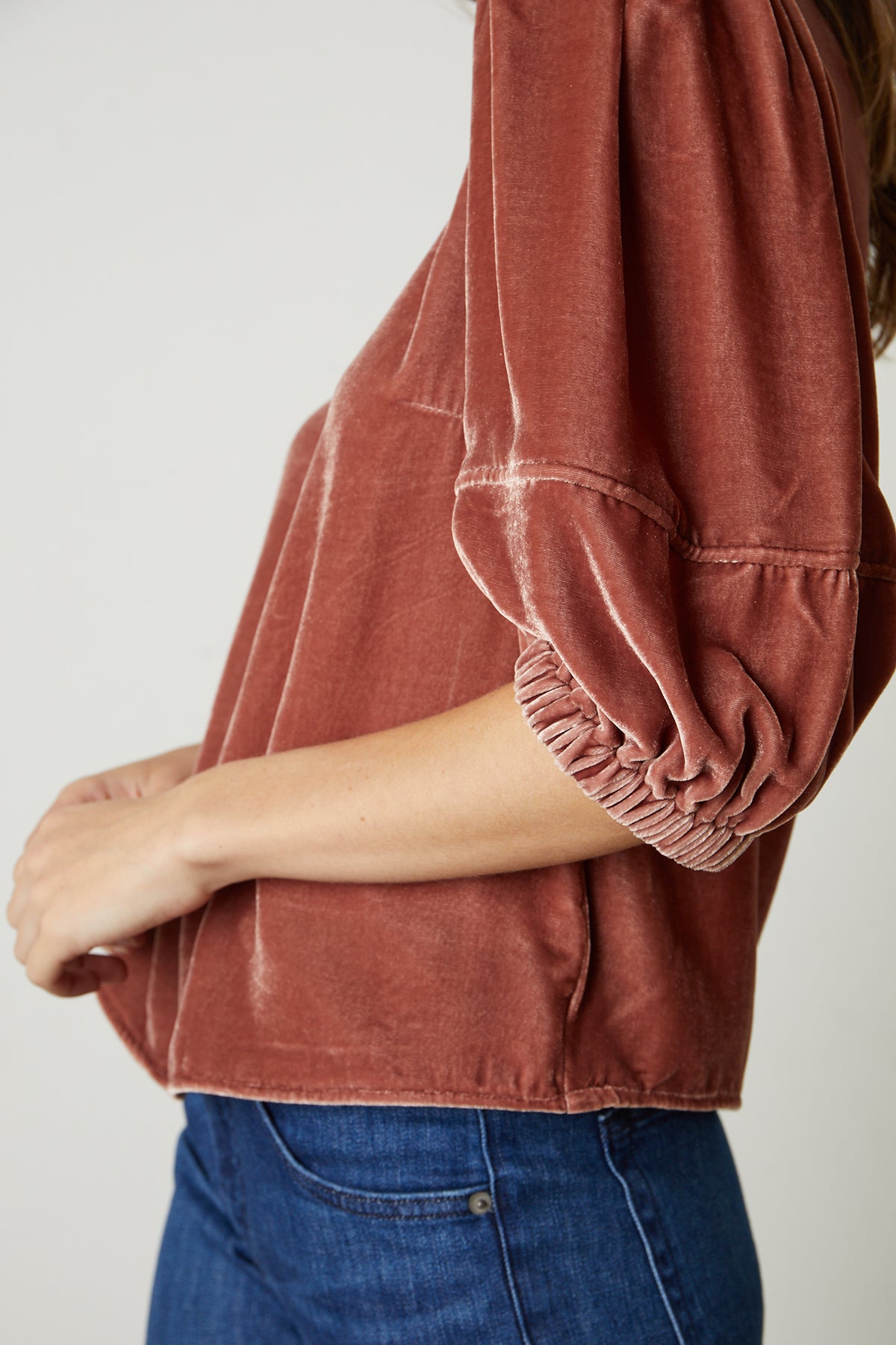 NANCY SILK VELVET PUFF SLEEVE TOP in rust by Velvet by Graham & Spencer.-25735375454401