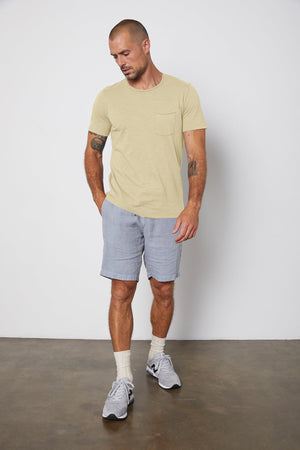 Chad Raw Edge Cotton Slub Pocket Tee in Olivine with Jonathan shorts in chambray front