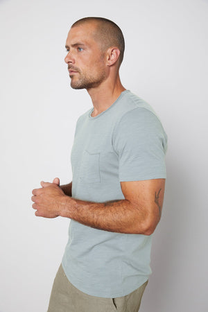 Chad Raw Edge Cotton Slub Pocket Tee in riptide with Jonathan shorts in olive side