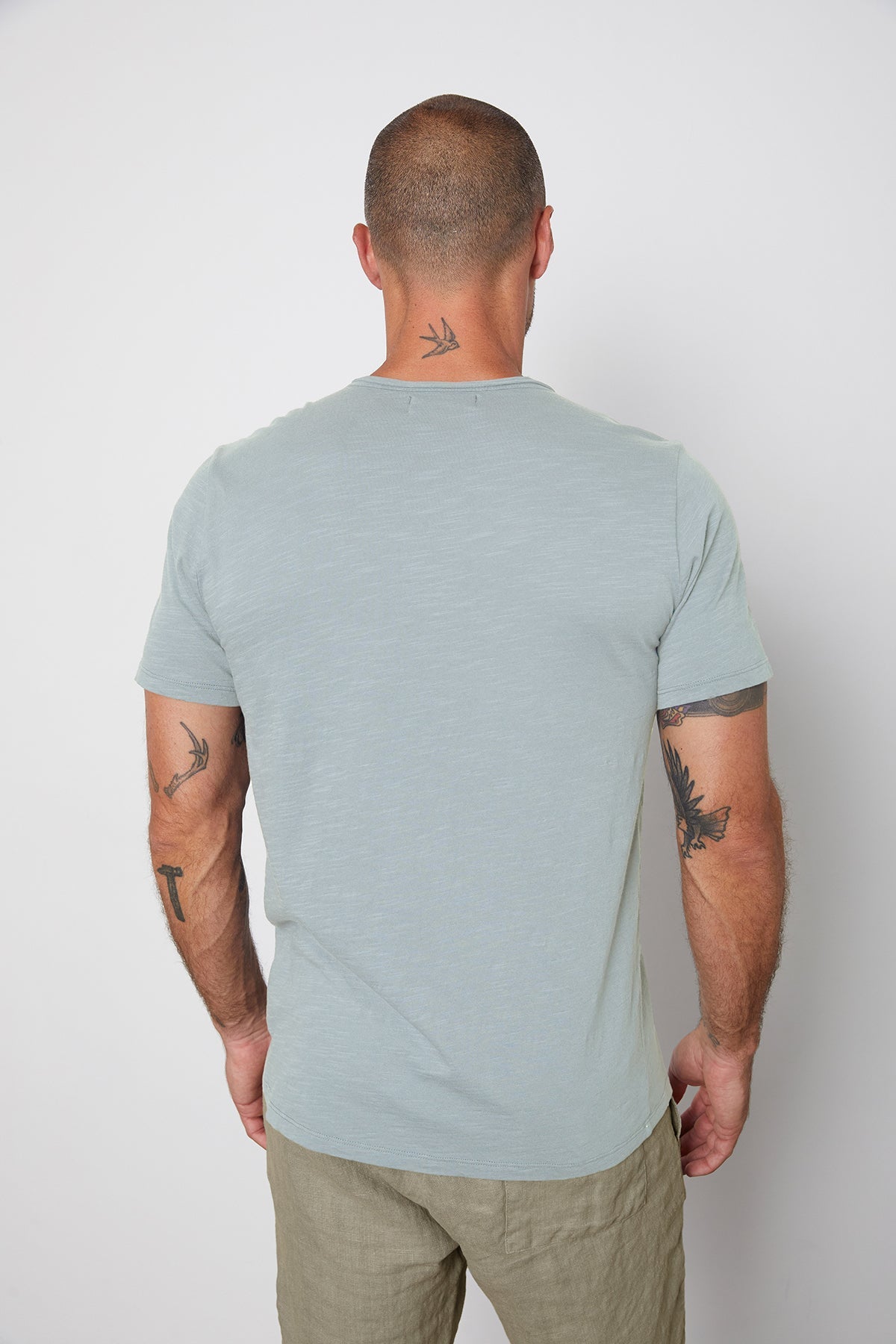   Chad Raw Edge Cotton Slub Pocket Tee in riptide with Jonathan shorts in olive back 