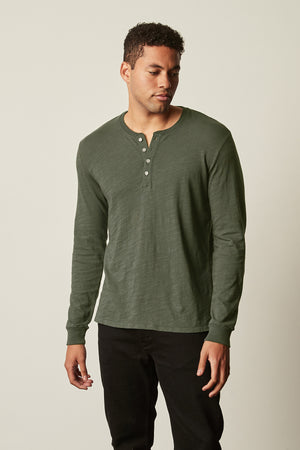 Gabe Henley in palm green with black denim front