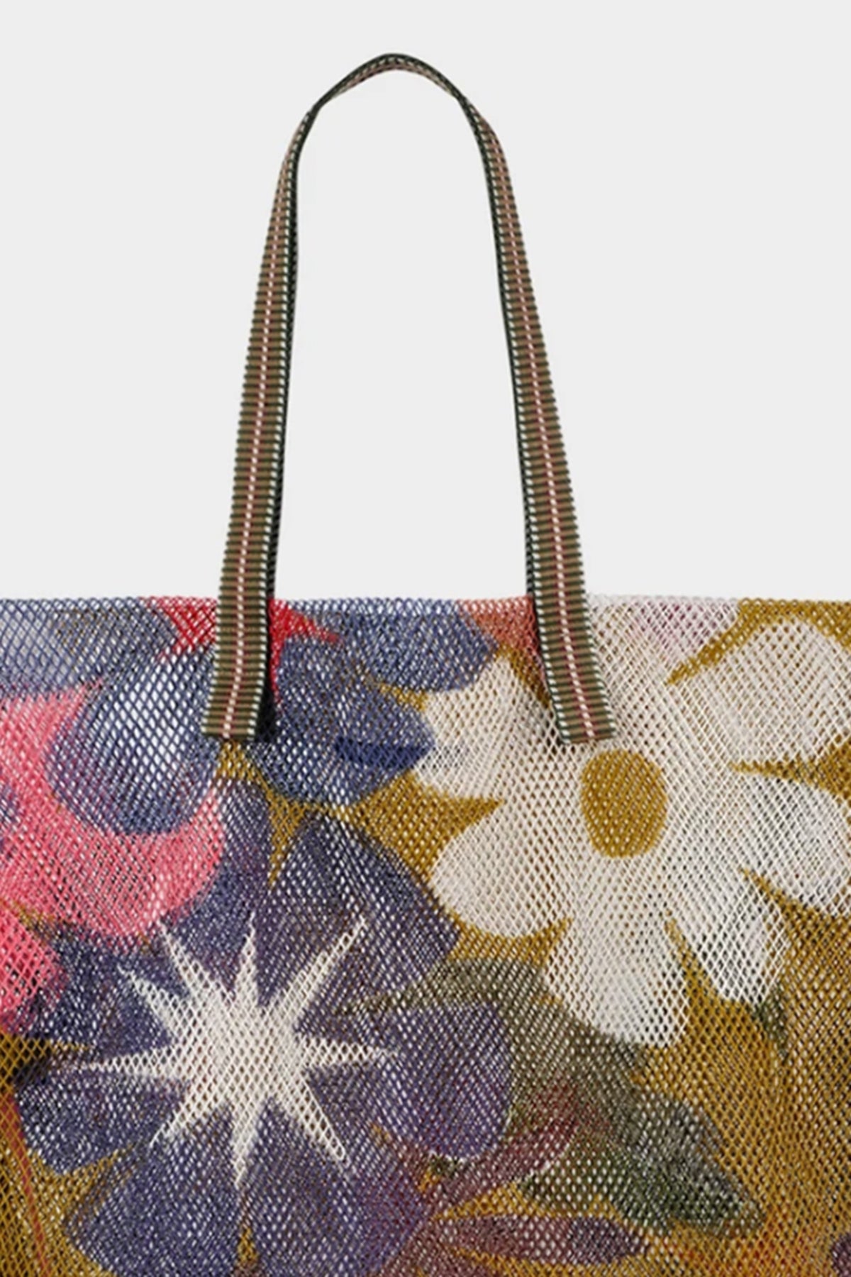 Striped handle detail on small mesh tote with olive background and large multi colored flowers.-24555117740225
