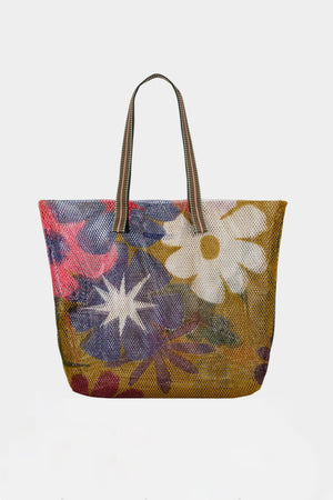 Small mesh tote with olive background and large multi colored flowers.