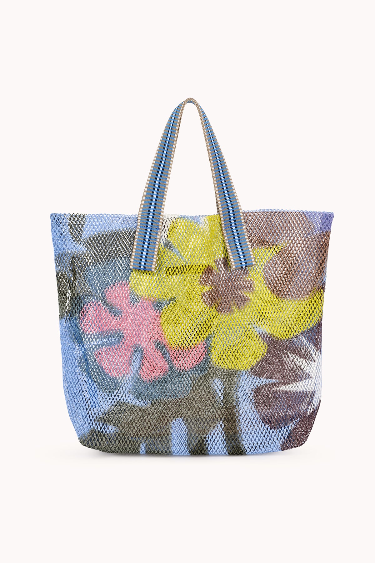   Small mesh tote in blue with multi colored flowers. 