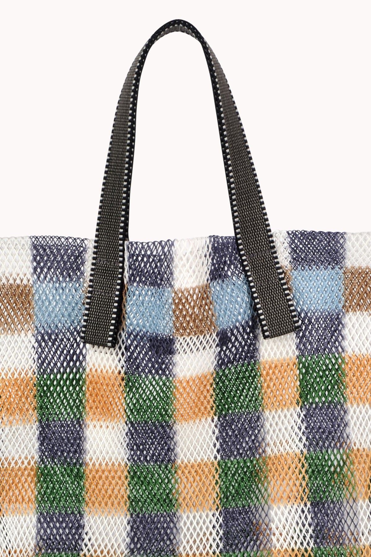   A SMALL GINGHAM MESH TOTE BY EPICE, made from natural fibers, featuring bold color combinations and complemented with black handles. 