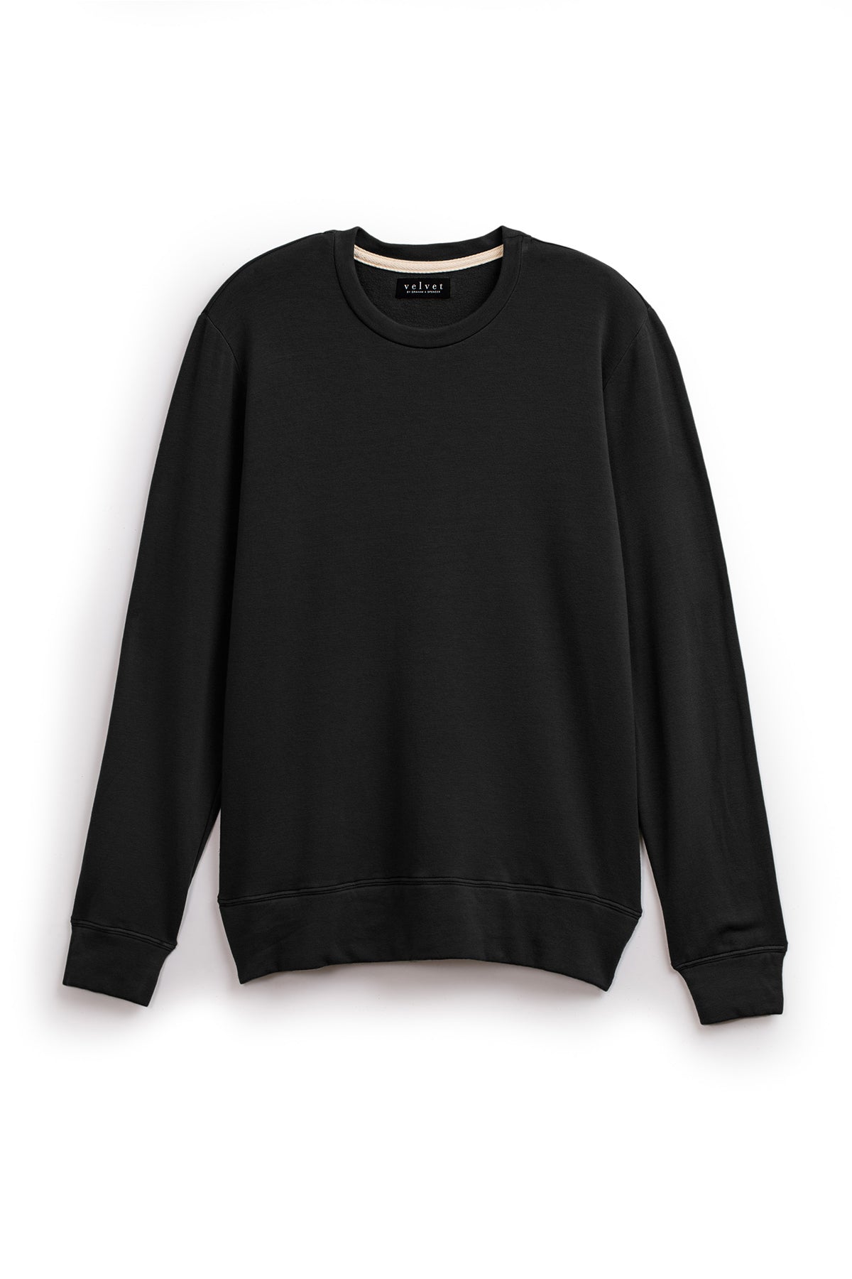   A Velvet by Graham & Spencer SOREN PULLOVER, a plain black pullover crew neck sweatshirt with long sleeves, shown against a white background, made from luxe fleece for ultimate comfort. 