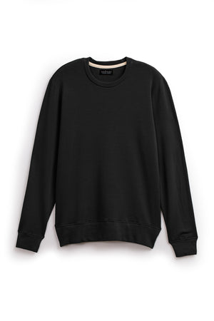 A Velvet by Graham & Spencer SOREN PULLOVER, a plain black pullover crew neck sweatshirt with long sleeves, shown against a white background, made from luxe fleece for ultimate comfort.