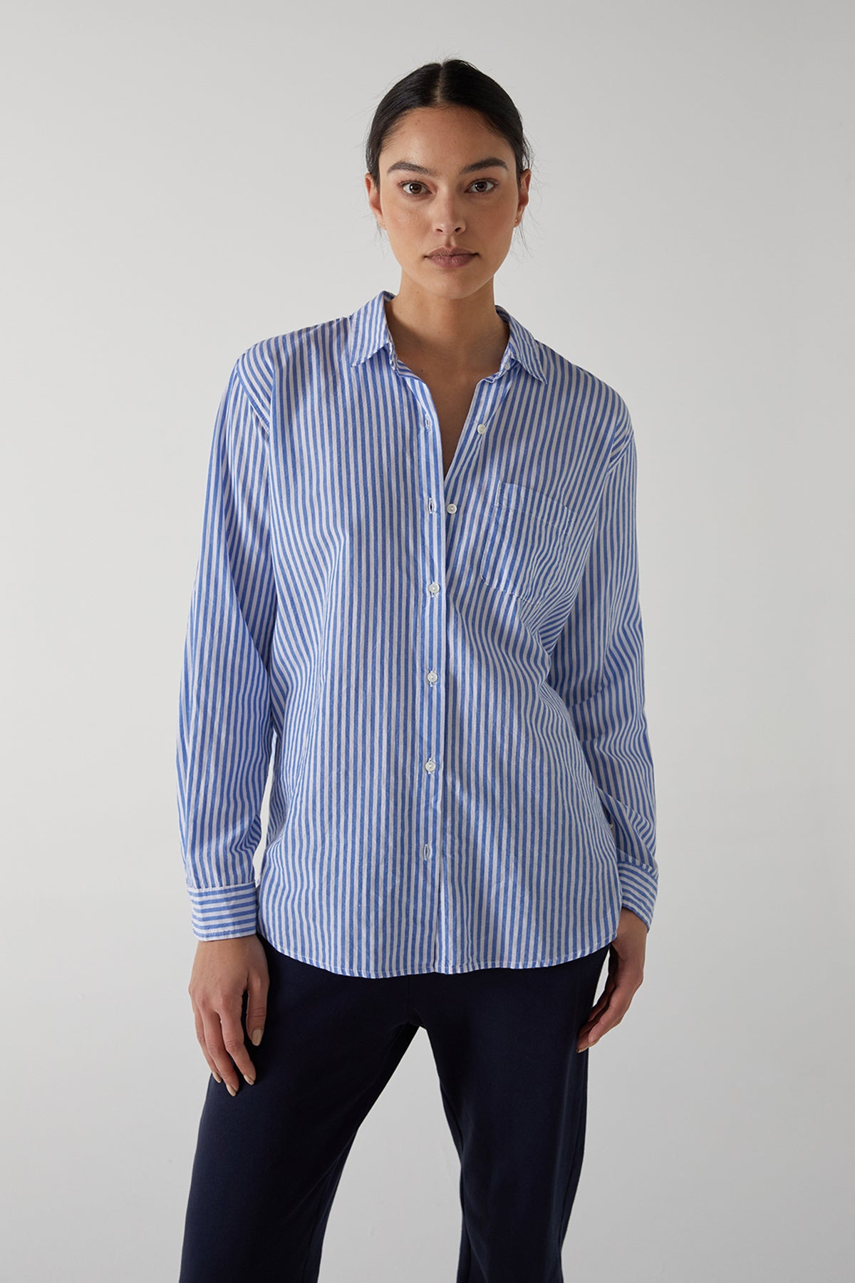 Newport Blue and White Stripe Button Down Cotton Shirt Front-25154865234113