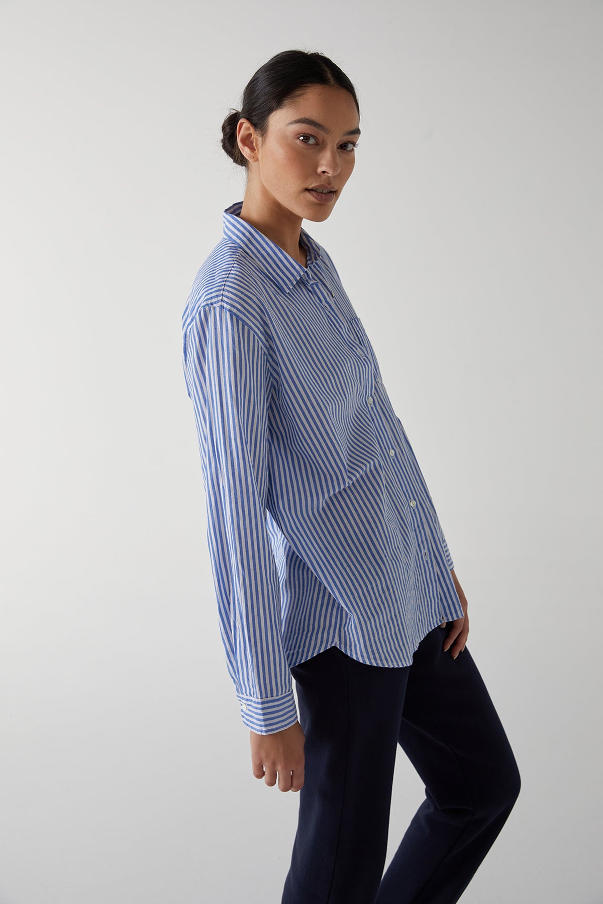   Newport Blue and White Stripe Button Down Cotton Shirt Side 