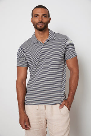 William Striped Polo with Navy Stripes and Jonathan Shorts in Tea