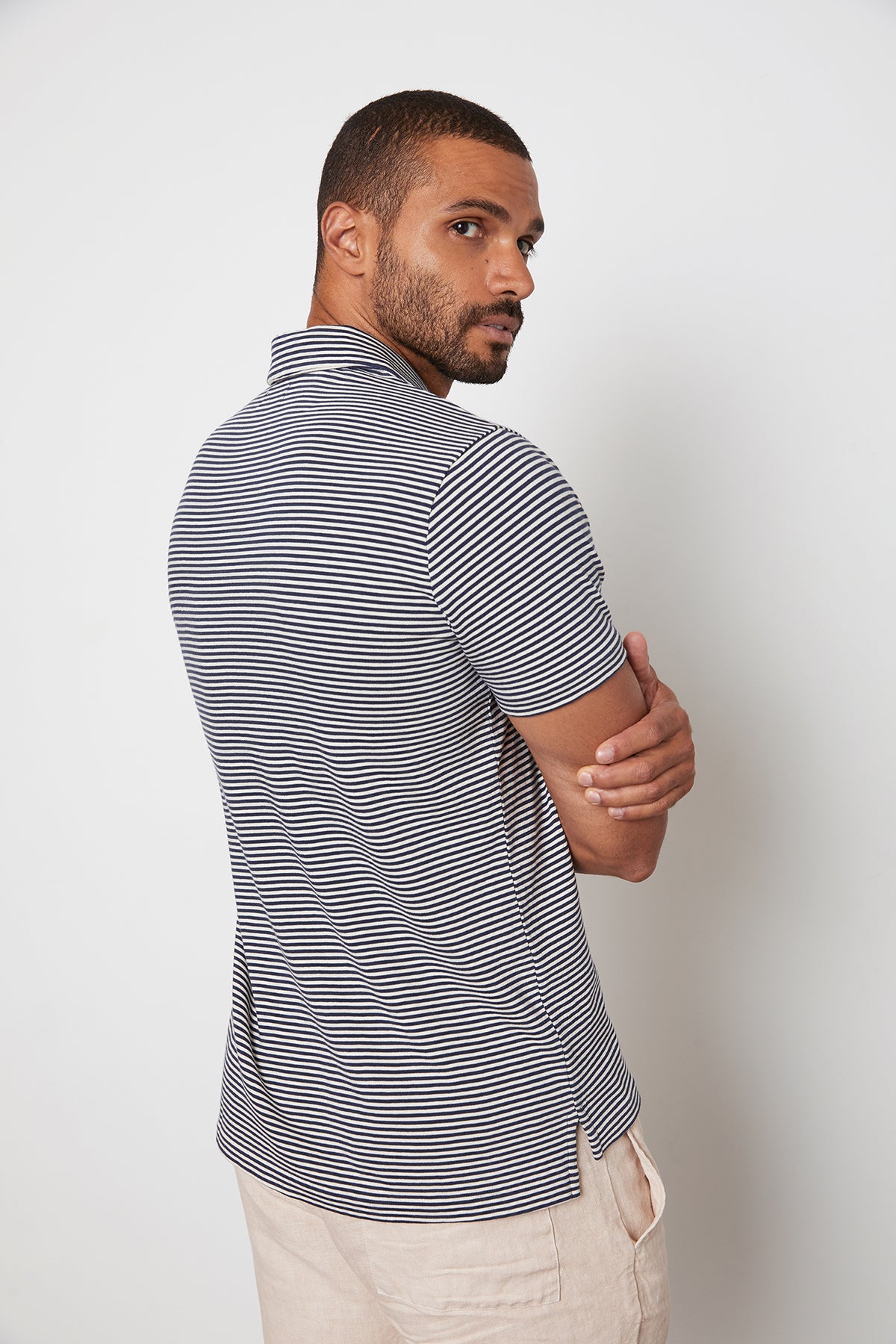 William Striped Polo with Navy Stripes and Jonathan Shorts in Tea Side & Back-24705848672449