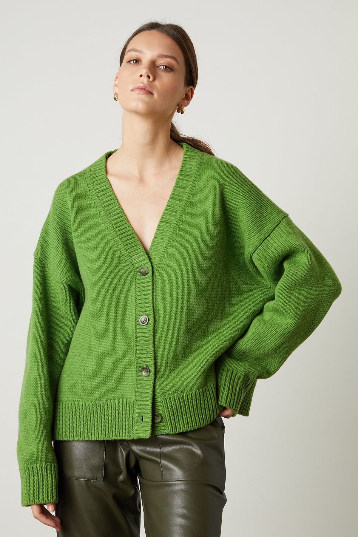   Aurora Button Front Cardigan in vibrant aloe green front with Rihanna Jogger  