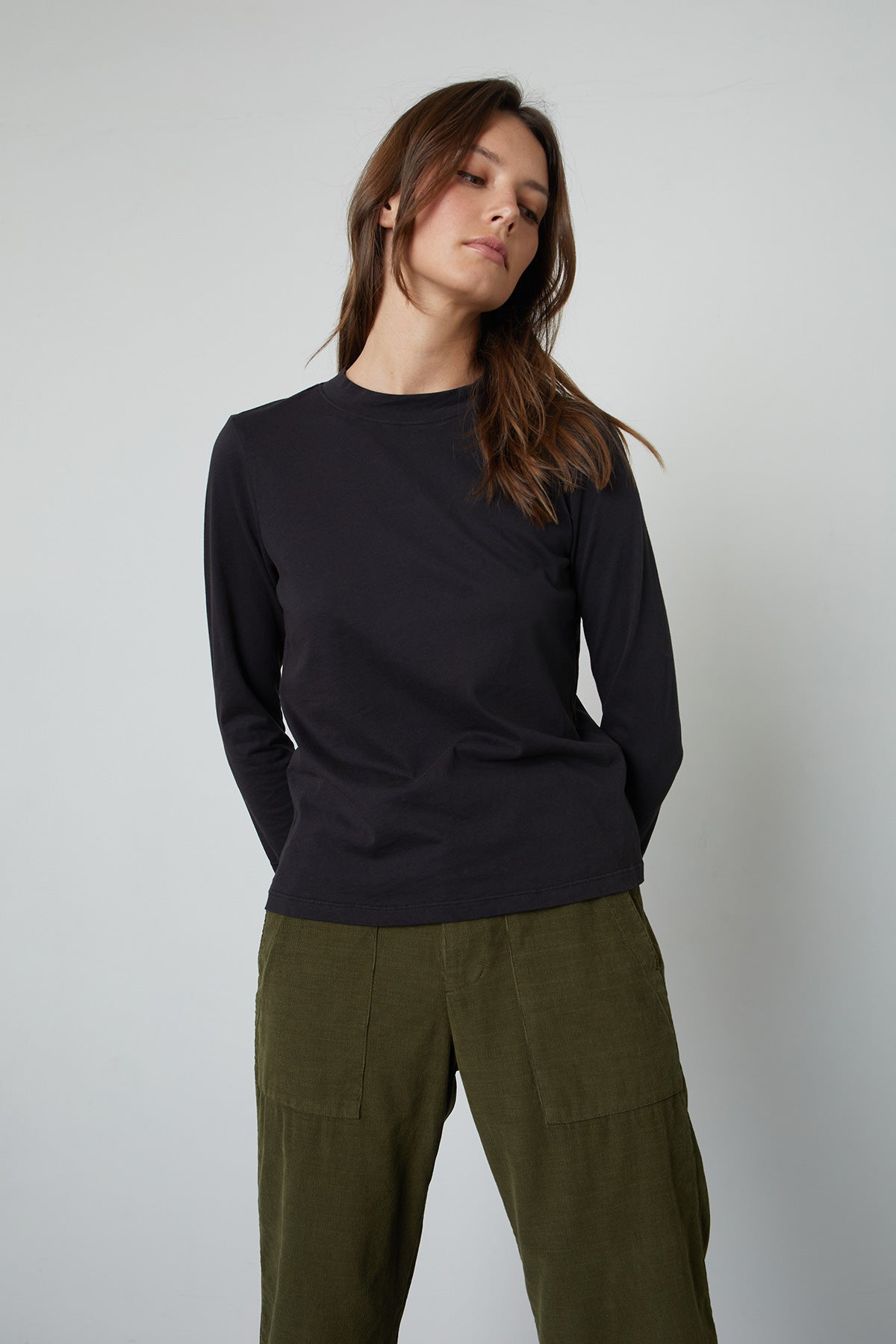   Quinny 3/4 Sleeve Mock Neck Tee in black with Vera Pant in Aloe  front view 