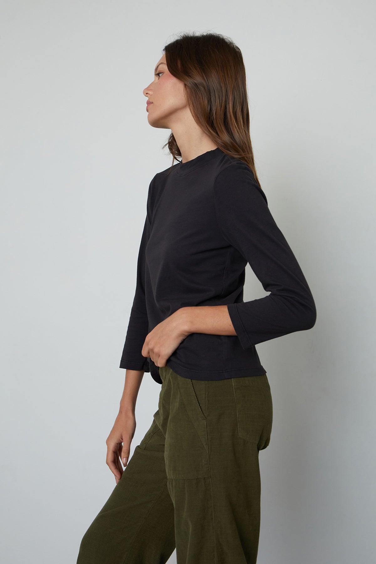Quinny 3/4 Sleeve Mock Neck Tee in black with Vera Pant in Aloe side view-25084021964993