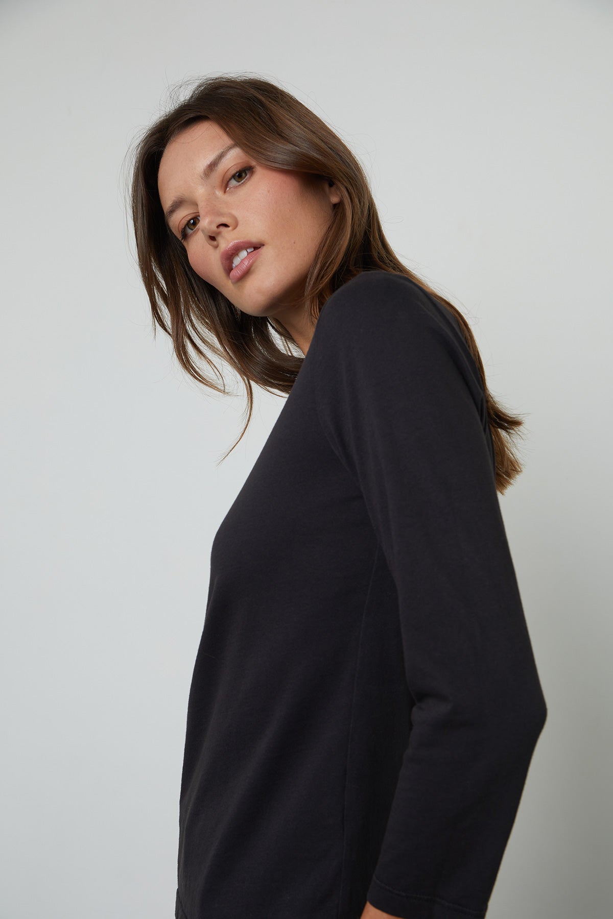  Quinny 3/4 Sleeve Mock Neck Tee in black side close up 