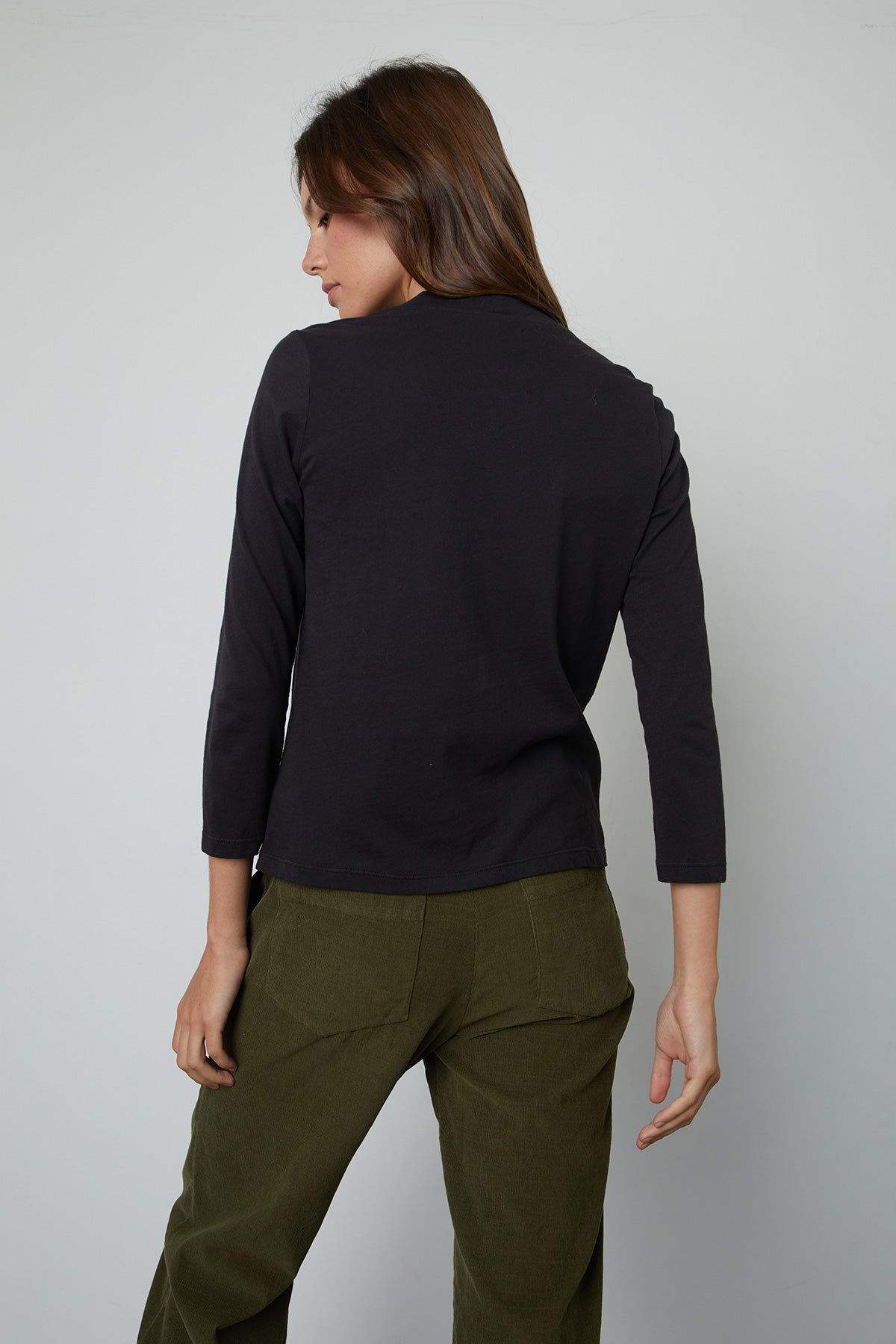   Quinny 3/4 Sleeve Mock Neck Tee in black with Vera Pant in Aloe  back view 
