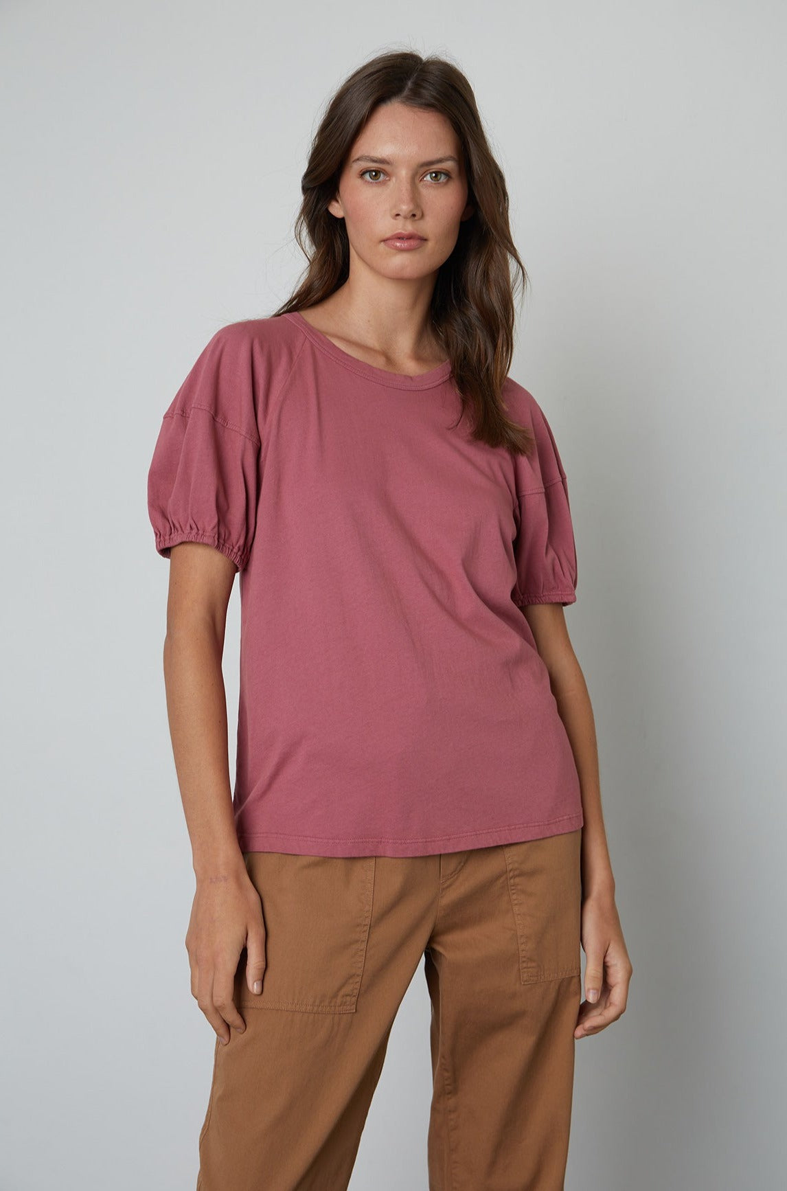 Vernice Puff Sleeve Top in Beauty with Misty pants in sepia front view-25011938590913