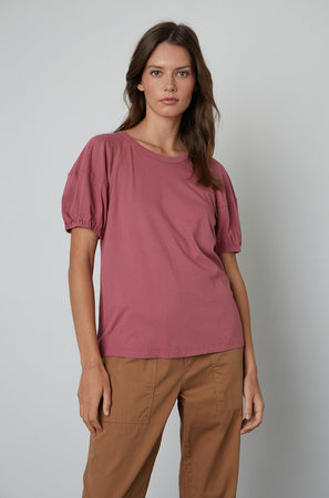Vernice Puff Sleeve Top in Beauty with Misty pants in sepia front view