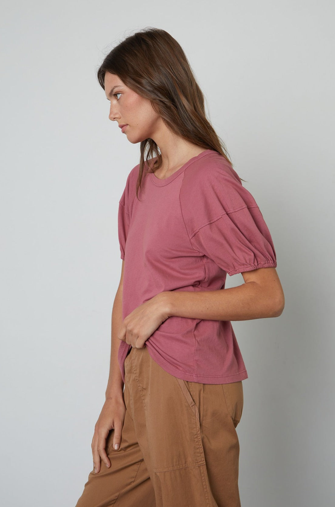   Vernice Puff Sleeve Top in Beauty with Misty pants in sepia side view 
