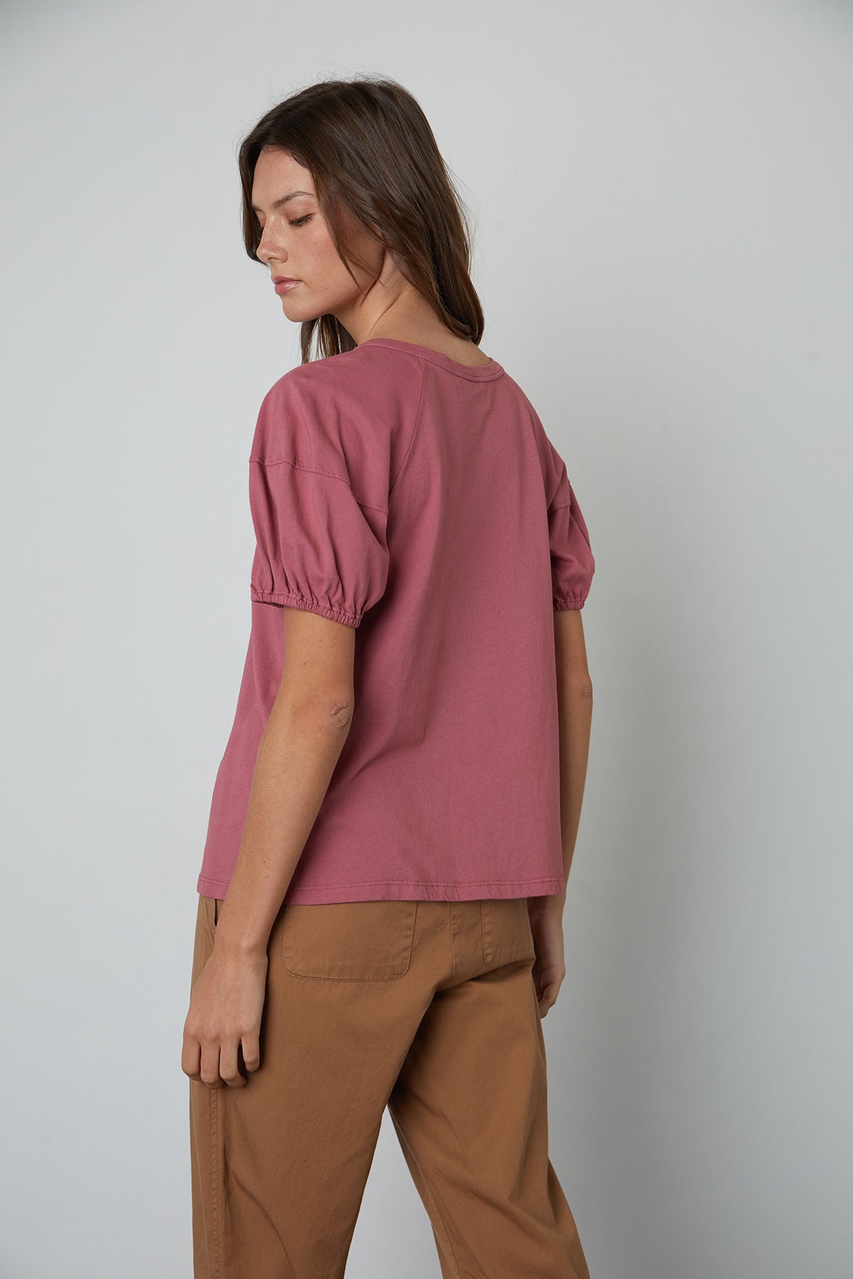   Vernice Puff Sleeve Top in Beauty with Misty pants in sepia back side view 