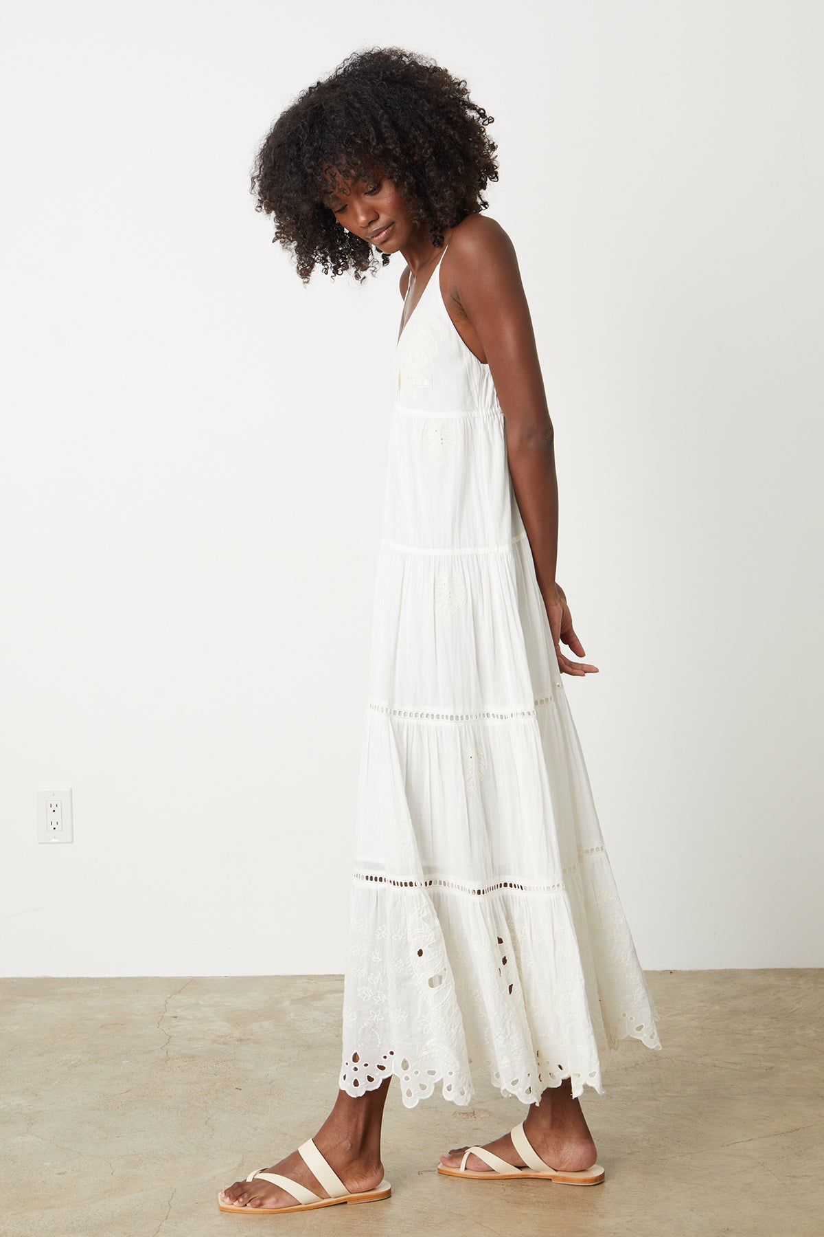   Michelle Maxi Dress in ivory embroidered cotton full length side with sandals 