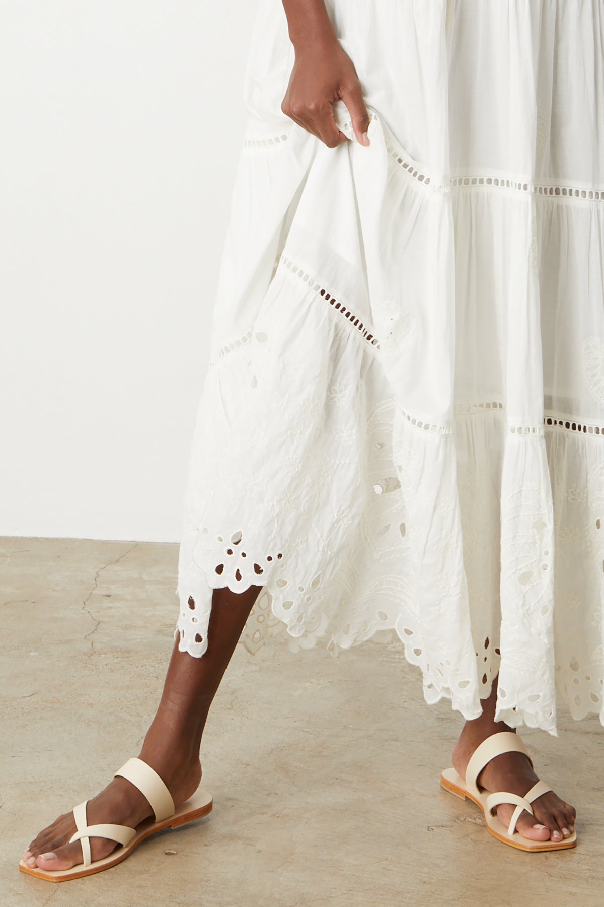   Michelle Maxi Dress in ivory embroidered cotton front hem detail 