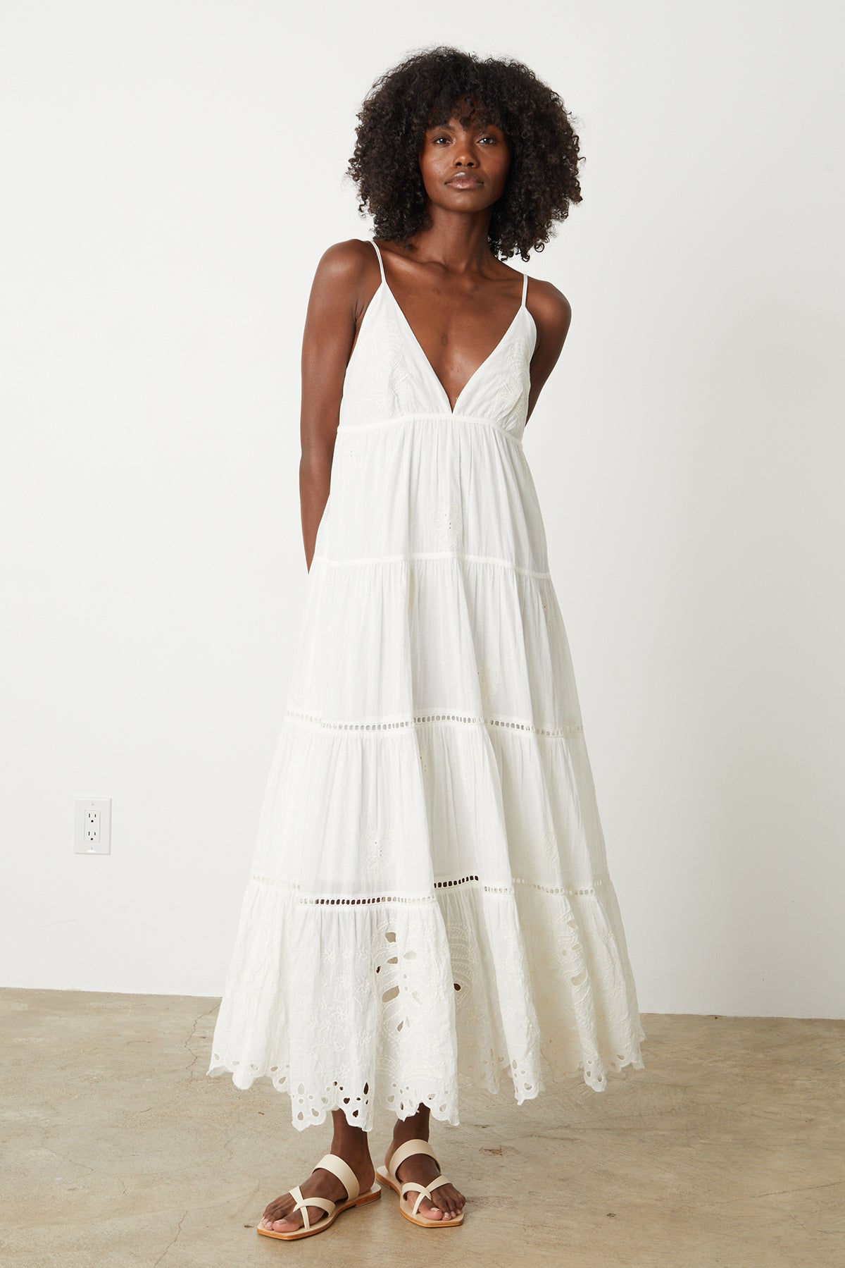  Michelle Maxi Dress in ivory embroidered cotton full length front with sandals 